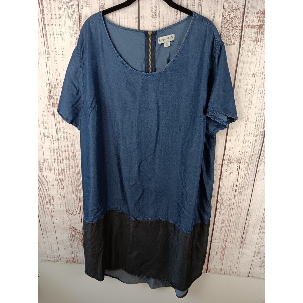 AVA & VIV Midi Dress Size 3X Blue Jean Short Sleeve Zip in Back Hi Low Hem